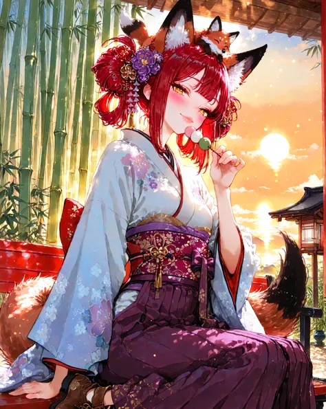(masterpiece, best quality, ultra high resolution, ultra detailed):1.5,
(manga style, sharp focus, extremely detailed, illustration):1.4,
(breathtakingly beautiful woman):1.8,
(1girl),
(dark red fox ears, dark red fox tail):1.8,(fox on head):1.5,
(sitting...