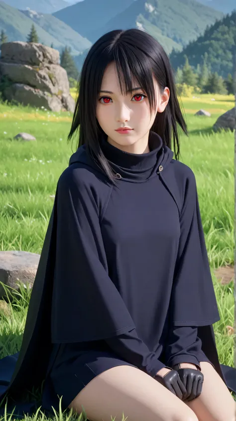 1girl, solo,hikari uchiha,black hair,long hair,outdoors,potrait,(wear cloak:1.5),small breast,mountain background,red eyes,forest background,(grass land:1.5),(close up:1.3),(front view), looking at viewer,bare shoulders,black glove,jacket,black shirt,(hood...