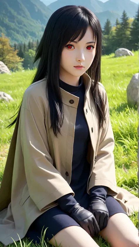 1girl, solo,hikari uchiha,black hair,long hair,outdoors,potrait,(wear cloak:1.5),small breast,mountain background,red eyes,forest background,(grass land:1.5),(close up:1.3),(front view), looking at viewer,bare shoulders,black glove,jacket,black shirt,(wear...