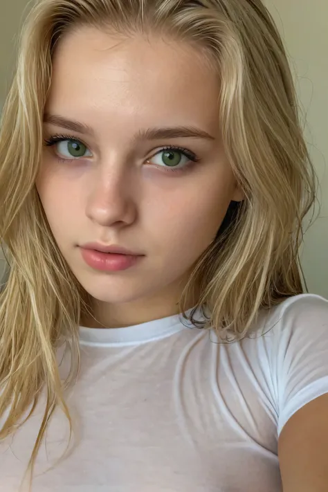 Girl 19 years old blonde green eyes A body covered only by a wet white shirt.