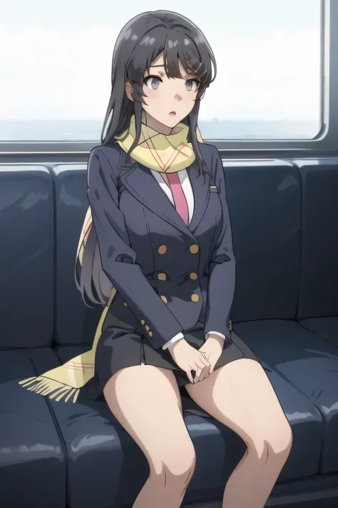 looking straight in the face，black straight long hair、I need a face，、   the hands and feet are accurately depicted   ，Flight Attendant Uniform，Please draw her expression more delicately，   dark blue panties ，（depicts a more delicate expression），（yellow sca...