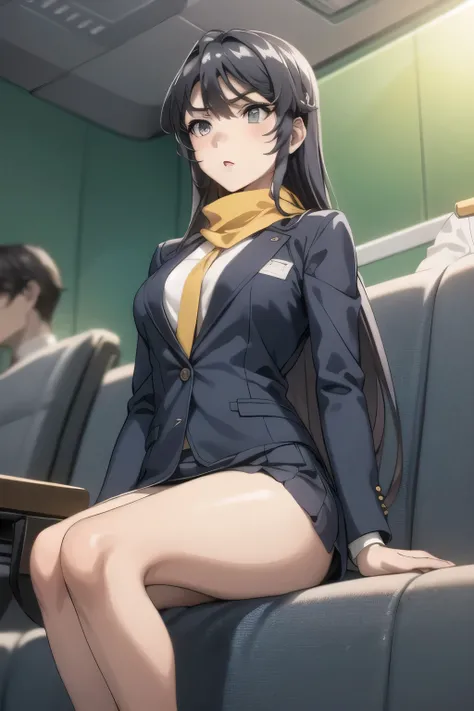 black straight long hair、I need a face，、   the hands and feet are accurately depicted   ，Flight Attendant Uniform，Please draw her expression more delicately，   dark blue panties ，（depicts a more delicate expression），（yellow scarf），（       Navy blue blazer，...