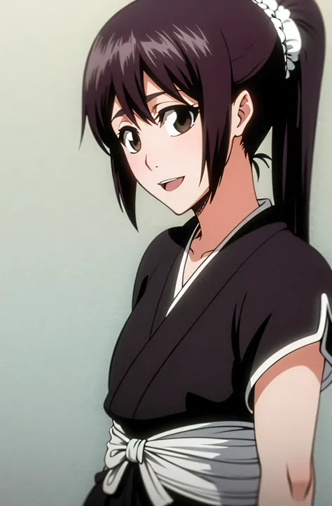Masterpiece, top quality , one girl from the side , romantic love , black hair, single ,ponytail,brown eyes,kimono, white sleeveless coat ,Captain's coat without white sleeves, black kimono , smile, alone, I'm looking for , simple background ,