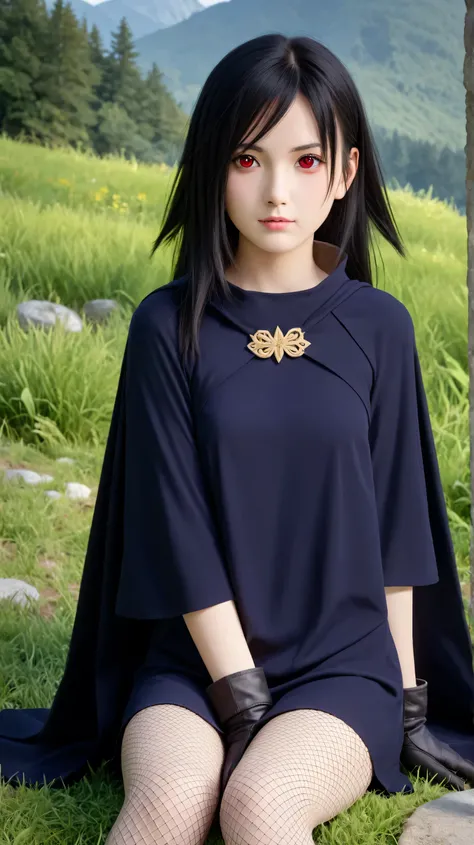 1girl, solo,hikari uchiha,black hair,long hair,outdoors,potrait,(wear cloak:1.5),small breast,mountain background,red eyes,forest background,(grass land:1.5),(close up:1.3),(front view), looking at viewer,bare shoulders,black glove,(wear fishnet:1.5),(sitt...