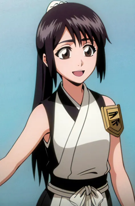Masterpiece, top quality , one girl from the side , romantic love , black hair, single ,ponytail, brown eyes, kimono, white sleeveless coat ,Captain's coat without white sleeves, black kimono , smile, alone, I'm looking for , simple background ,