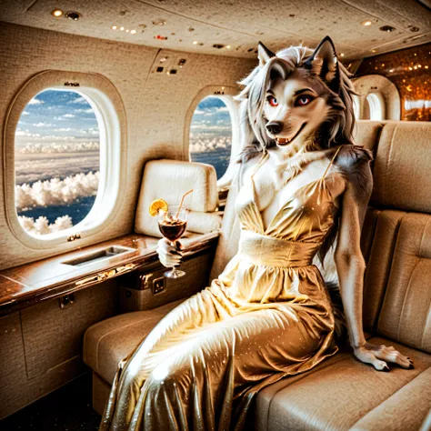 Loona, furry, realistic, fluffy tail, solo, dressed in an tight evening dress, sitting in the seat of a private jet, drinking a drink from a glass, smiles, front view, mid-range shot, ultrahigh details, ultra-realistic photo, two-tone fur, gray fur, anthro...