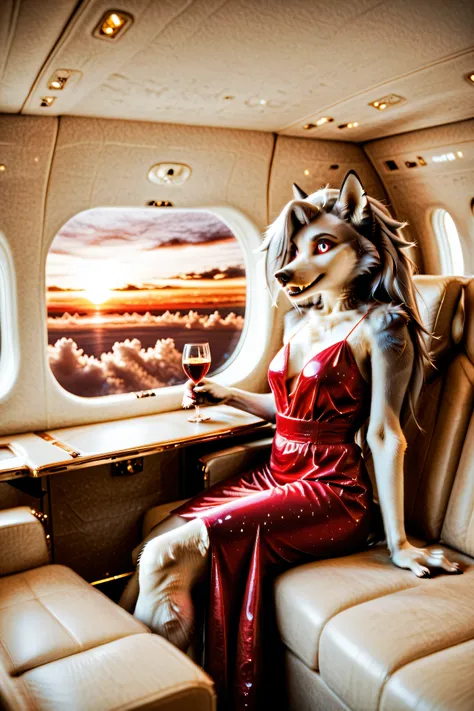 Loona, furry, realistic, fluffy tail, solo, dressed in tight red evening dress, sitting in the seat of a private jet, drinking a drink from a glass, smiles, side view, mid-range shot, ultrahigh details, ultra-realistic photo, two-tone fur, gray fur, anthro...