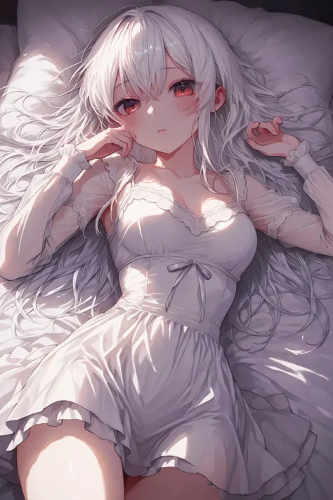 1 woman with long bright white hair, blood red eyes, white dress, miniskirt, lying down, white bed,
