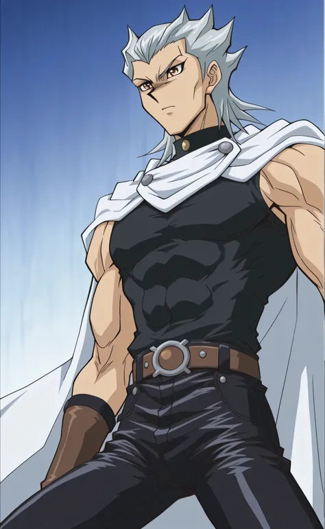 1male,solo,Ryuga,silver hair,short hair,slicked back hair,yellow eyes,black toptank,leather pants,white cape,muscle,Yugioh 5Ds Style