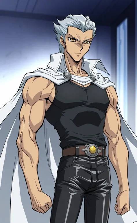 1male,solo,Ryuga,silver hair,short hair,slicked back hair,yellow eyes,black toptank,leather pants,white cape,muscle,Yugioh 5Ds Style