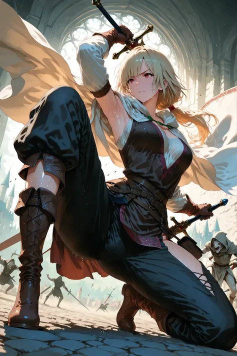 Masterpiece, 8k, fantasy world, female character, 1girl, high detailed cotton side slit black tunic, (wind blows), (wide pants), glove, boots, slender body, medium breasts, white long cloak with hoodie, long hairstyle, thin blonde hair, many items, cinemat...
