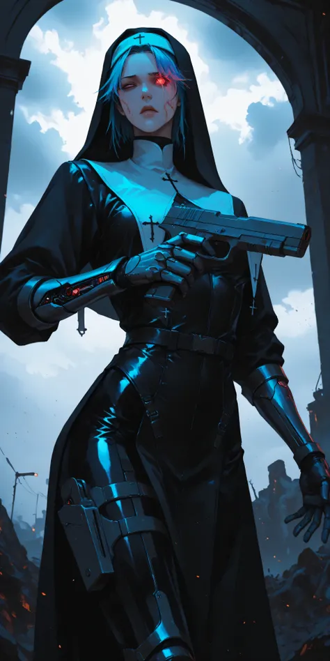 anime,cyberpunk,morimee_style,cute face,nun,latex,outfit, high detailed augumented red throat, tatoos on the necl CYberpunk girl She has a determined and intense expression, with one eye glowing yellow and the other purple, emphasizing her cybernetic enhan...
