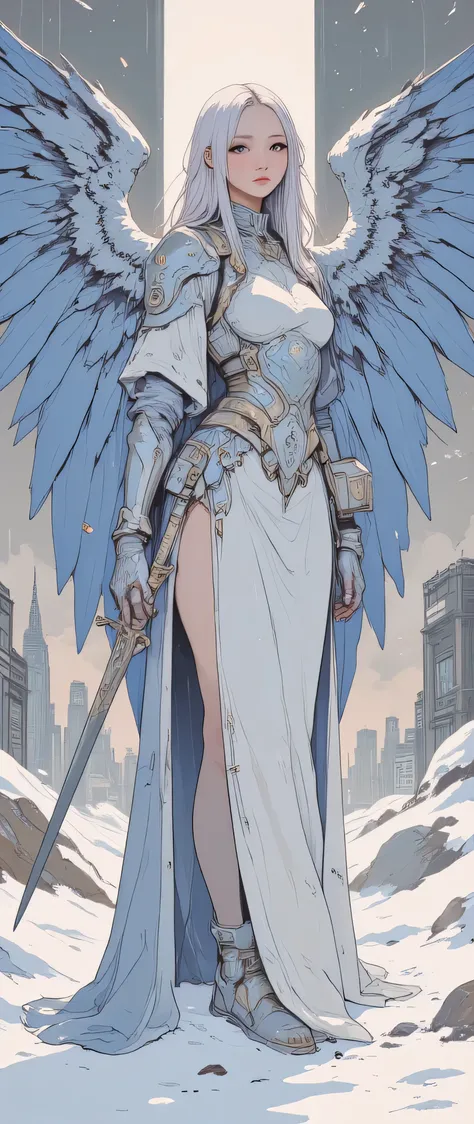 The figure of a  young, A beautiful angel girl with large blue and white wings of full length, with a beautifully curved body, half wrapped , turning the head slightly towards the spectator,  young, with very beautiful  young features, transparent beautifu...