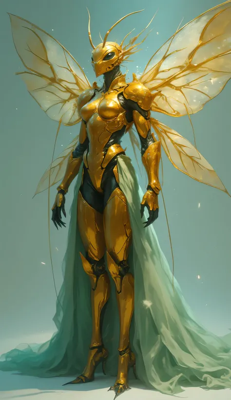 "Full body shot of an elegant, humanoid insectoid creature, resembling a golden ant queen, standing upright. The creature is crafted from highly polished, shimmering gold, with intricate, articulated armor-like plating forming its body, limbs, and head. It...