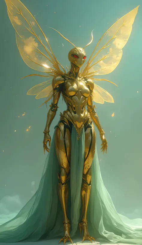 "Full body shot of an elegant, humanoid insectoid creature, resembling a golden ant queen, standing upright. The creature is crafted from highly polished, shimmering gold, with intricate, articulated armor-like plating forming its body, limbs, and head. It...