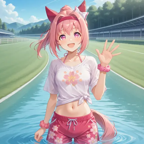 anime, lazypos, masterpiece, best quality, amazing quality, at racetrack, 1girl, solo, alone, haru urara, ponytail, hair bow, white bow, headband, animal ears, horse ears, horse girl, ear covers, symbol in eye, flower in eye, horse tail pink hair, pink eye...