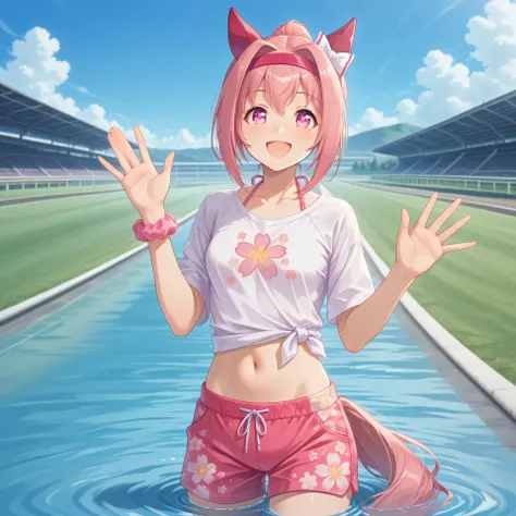 anime, lazypos, masterpiece, best quality, amazing quality, at racetrack, 1girl, solo, alone, haru urara, ponytail, hair bow, white bow, headband, animal ears, horse ears, horse girl, ear covers, symbol in eye, flower in eye, horse tail pink hair, pink eye...