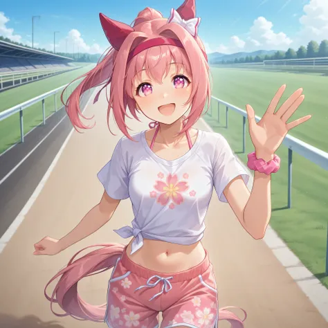 anime, lazypos, masterpiece, best quality, amazing quality, at racetrack, 1girl, solo, alone, haru urara, ponytail, hair bow, white bow, headband, animal ears, horse ears, horse girl, ear covers, symbol in eye, flower in eye, horse tail pink hair, pink eye...
