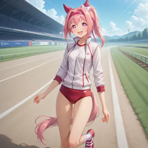 anime, lazypos, masterpiece, best quality, amazing quality, at racetrack, 1girl, solo, alone, haru urara, ponytail, hair bow, white bow, headband, animal ears, horse ears, horse girl, ear covers, symbol in eye, flower in eye, horse tail pink hair, pink eye...