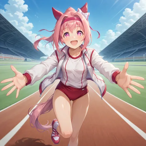 anime, lazypos, masterpiece, best quality, amazing quality, at racetrack, 1girl, solo, alone, haru urara, ponytail, hair bow, white bow, headband, animal ears, horse ears, horse girl, ear covers, symbol in eye, flower in eye, horse tail pink hair, pink eye...