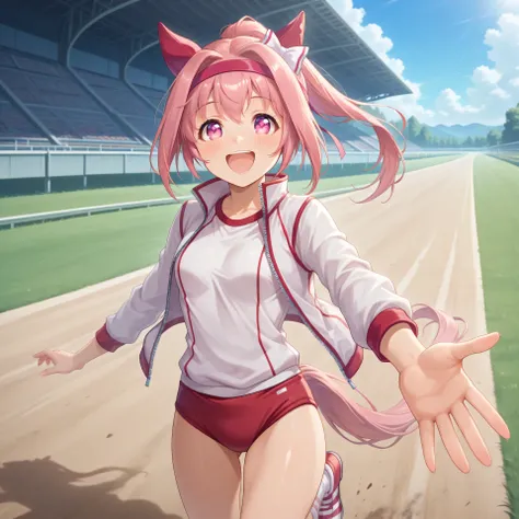 anime, lazypos, masterpiece, best quality, amazing quality, at racetrack, 1girl, solo, alone, haru urara, ponytail, hair bow, white bow, headband, animal ears, horse ears, horse girl, ear covers, symbol in eye, flower in eye, horse tail pink hair, pink eye...