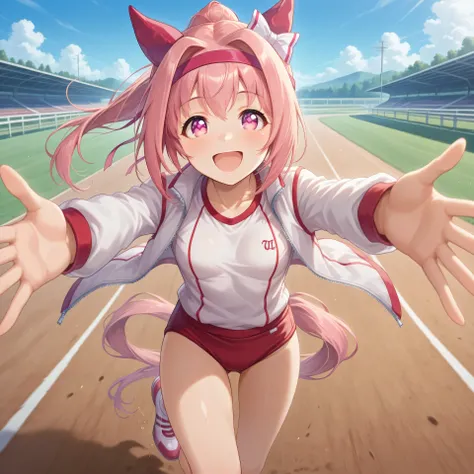 anime, lazypos, masterpiece, best quality, amazing quality, at racetrack, 1girl, solo, alone, haru urara, ponytail, hair bow, white bow, headband, animal ears, horse ears, horse girl, ear covers, symbol in eye, flower in eye, horse tail pink hair, pink eye...