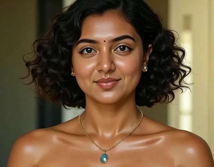 The image focuses on the upper torso of a woman with a beautifully tanned and smooth skin tone. Her hair, glossy and dark, falls in soft waves just above her shoulders, exuding a sense of elegance and refinement. She wears a gold necklace featuring a strik...