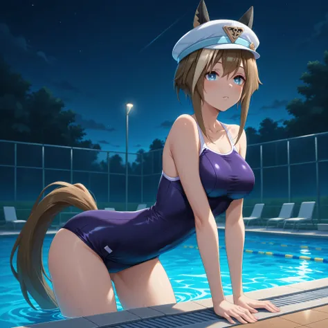 anime, lazypos, masterpiece, best quality, amazing quality, college pool, night, night time, 1girl, solo, cheval grand \(umamusume\), horse ears, horse tail, tracen school swimsuit,