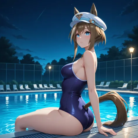 anime, lazypos, masterpiece, best quality, amazing quality, college pool, night, night time, 1girl, solo, cheval grand \(umamusume\), horse ears, horse tail, tracen school swimsuit,