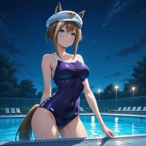 anime, lazypos, masterpiece, best quality, amazing quality, college pool, night, night time, 1girl, solo, cheval grand \(umamusume\), horse ears, horse tail, tracen school swimsuit,