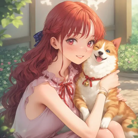 An 18-year-old Japanese girl with warm auburn red hair in soft, natural waves falling just past her shoulders. Sometimes loosely tied back, with a few strands framing her face. Fair skin with a healthy pink blush. Warm hazel eyes with long lashes and a sof...