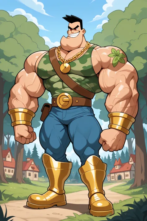 solo, detailed, shaded, human, giant man, muscular, solo, black hair, flat top, red eyes, mouth open, powerful smile expression, flat brow, gigantic chin, rectangular eyebrows, flat brow, golden armor, golden bracelets, green clothing, ripped red vest, bro...