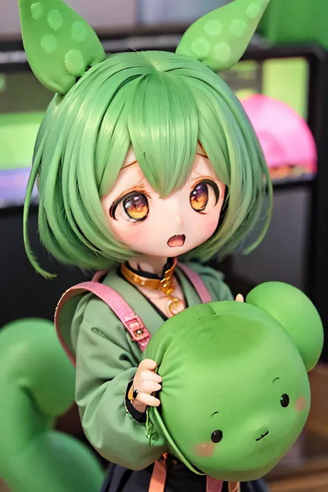 かわいい green-haired zundamon in playful pose, ( chibi), Nikon Z7 IIミラーレスカメラを使った街中の詳細なキャラクターデザイン , 繊細な詳細 , シュールな , フォトリアリスティック , 8k, 傑作 , は高解像度です, 明るい色, ...