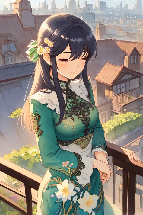 1girl,expression\(seductive smile,half-closed eyes,confident\),looking away,elegant posture, long-sleeved dress, high collar, intricate floral patterns, flowing hair, background\(rooftop garden, wrought iron fence, soft pastel lighting, blooming flowers, d...