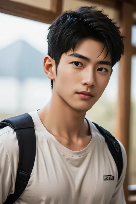  male、Japanese、handsome、 short hair、 facing the front、  mountaineer