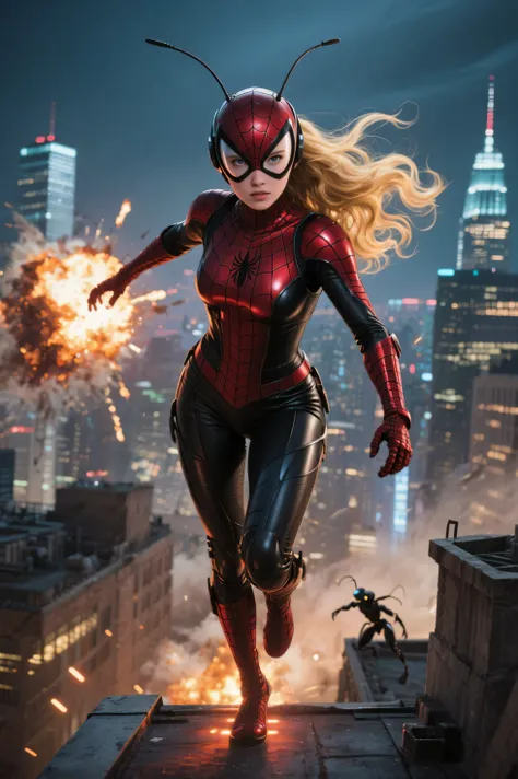 A hyper-realistic photo of a beautiful 20-year-old fair-skinned girl with long, wavy blonde hair, wearing a sleek, form-fitting ant-inspired superhero costume. The suit is dark metallic red and black, textured like insect armor, with elegant segmented lines that highlight her graceful curves and athletic figure. Her large, expressive eyes and radiant features are framed by her flowing golden hair, partially tucked behind a sleek helmet with subtle antenna-like elements. She stands in a dynamic pose atop a high rooftop, with a futuristic cityscape behind her, lights glowing beneath her feet. The scene is filled with energy and motion, like a moment frozen in an epic Hollywood action film inspired by Spider-Man — bold, dramatic, and visually thrilling. Explosions in the distance, wind whipping through her hair, as she prepares to leap into battle against a hidden enemy below.