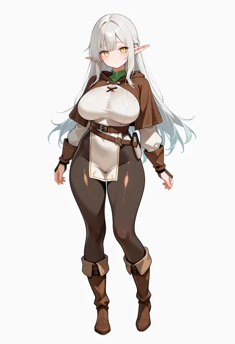 elf girl, large breasts, solo, young short:1.1, yellow eyes, long hair, brown adventurer outfit, black thighs, skin tight outfit, martingale, white background, full body