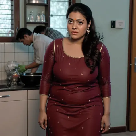 Indian curvy maturre milf Bhabhi. Sexy chubby women. Wearing dark maroon perfect fit tight full sleeve side cut kurti with dark green leaf patterns desiign.   Same colour loose fit  cotton  leggings. Thight hot butt visible. Tight round 38d breasts. Huge c...