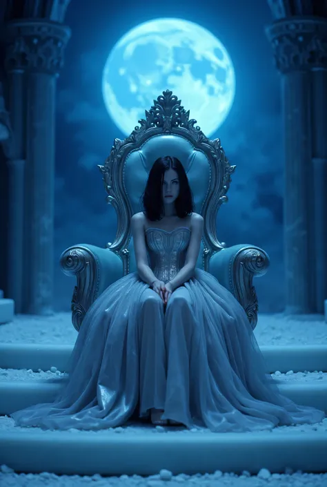 high détail, Clarity, 10 kkk, Throne of graph, young girl, 2, dark straight hair, shorth hair, blue colored eyes, with blue moon behind, ice steps to the sky to the throne in front, 真实感, 4K