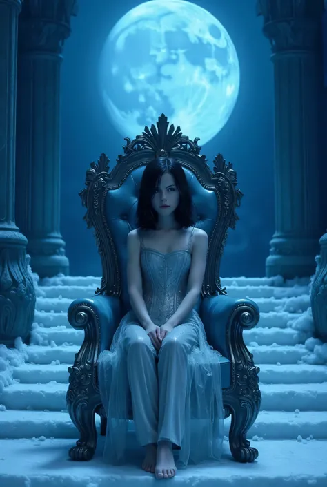 high détail, Clarity, 10 kkk, Throne of graph, young girl, 2, dark straight hair, shorth hair, blue colored eyes, with blue moon behind, ice steps to the sky to the throne in front, 真实感, 4K