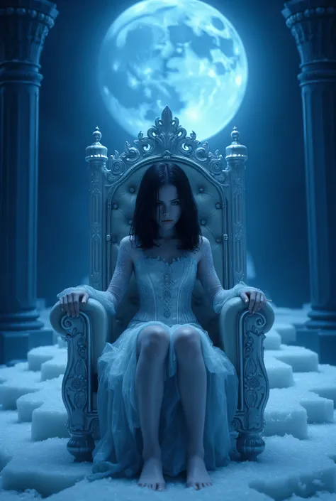 high détail, Clarity, 10 kkk, Throne of graph, young girl, 2, dark straight hair, shorth hair, blue colored eyes, with blue moon behind, ice steps to the sky to the throne in front, 真实感, 4K