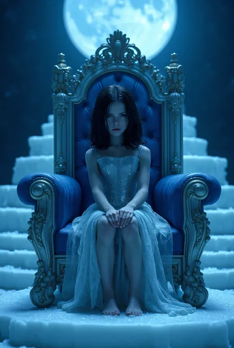 high détail, Clarity, 10 kkk, Throne of graph, young girl, 2, dark straight hair, shorth hair, blue colored eyes, with blue moon behind, ice steps to the sky to the throne in front, 真实感, 4K