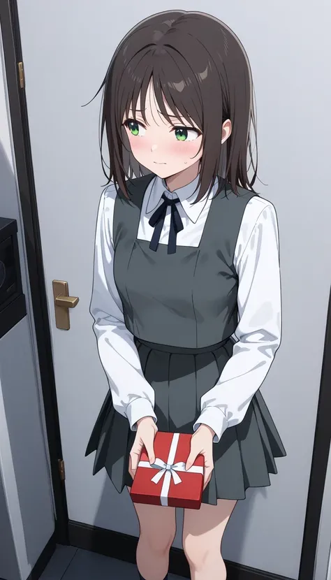 An image of Haruyama Hana, slim body, flushed, shy, tight school uniform, tight white shirt, mini pleated, collared shirt,  , grey vest, long sleeves, gray skirt, black socks, ARREST,   , Radio room , Offering a gift with both hands. Looking away shyly and...