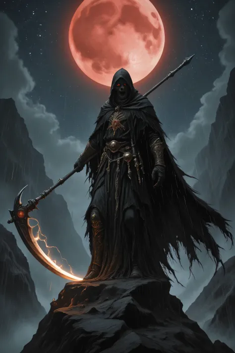 A striking figure in a tattered black cloak stands atop a cliff, emitting an aura of power and mystery. The character holds a scythe adorned with intricate golden details, illuminated by sharp contrasting light from above, creating dramatic shadows that en...