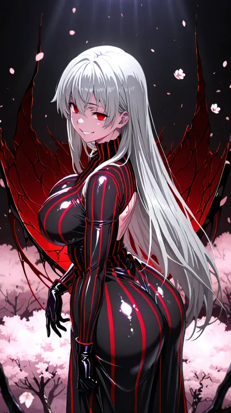 1girl, solo, ,Wearing Cherry Blossoms , Dark Persona , corruption, striped dress, Black Dress, Turtleneck, gray hair, Red Eyes, , ,ufotable style, YouTube Anime.big boobs、big butt、straight long hair,high resolution, masterpiece, Necessary, detail, best Qu...