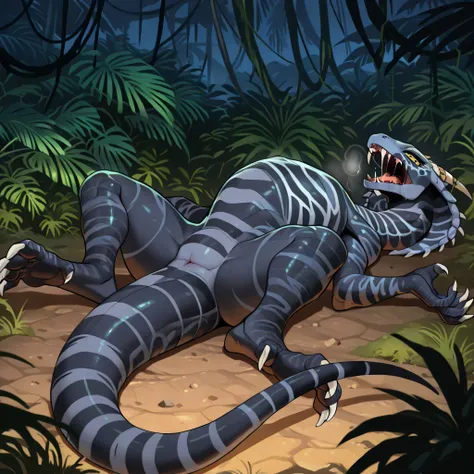 masterpiece, best quality, anime style, anime shading, full body picture, centered, female dinosaur, (cobra), monstrous body shape, ((vertigo)), yellow eyes, black scaled body, dark grey striped body,  white claws, (horns:1.2), (fangs), digitigrade legs, (...