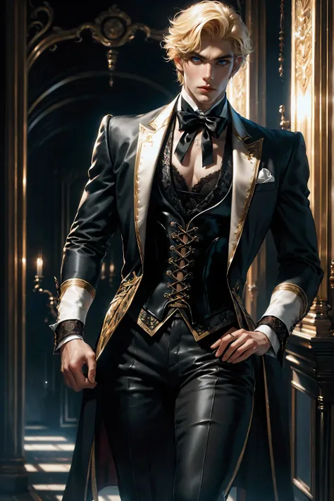 Best quality, masterpiece, very detailed, HD, gorgeous man, short blonde hair, (solo), realistic, sexy physique, movie, Parisian man, dapper man, (male focus), lace-up corset, pants, cane, costume party, 8k