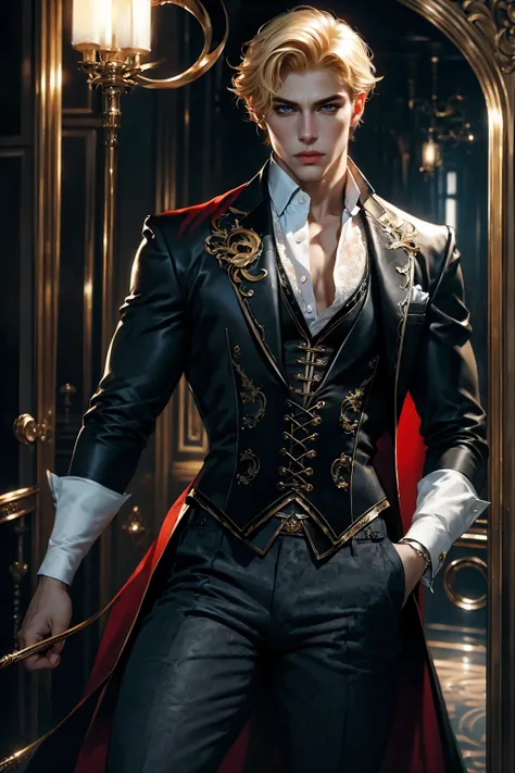 Best quality, masterpiece, very detailed, HD, gorgeous man, short blonde hair, (solo), realistic, sexy physique, movie, Parisian man, dapper man, (male focus), lace-up corset, pants, cane, costume party, 8k