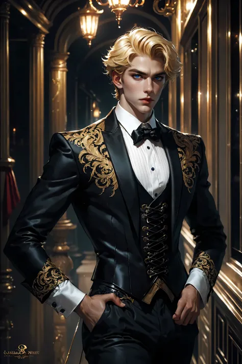 Best quality, masterpiece, very detailed, HD, gorgeous man, short blonde hair, (solo), realistic, sexy physique, movie, Parisian man, dapper man, (male focus), lace-up corset, pants, cane, costume party, 8k
