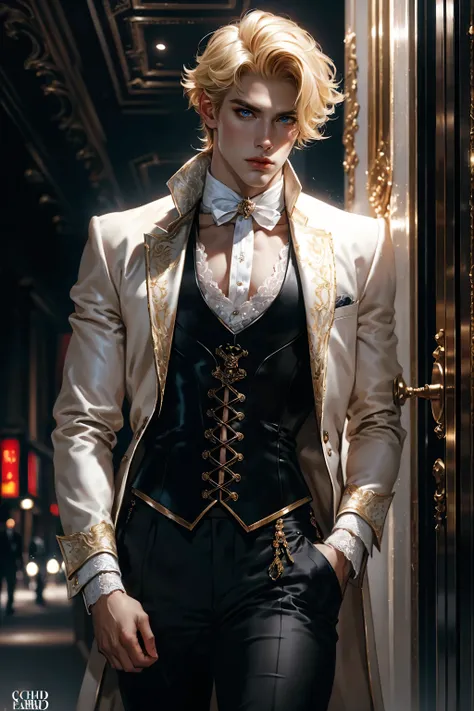 Best quality, masterpiece, very detailed, HD, gorgeous man, short blonde hair, (solo), realistic, sexy physique, movie, Parisian man, dapper man, (male focus), lace-up corset, pants, cane, costume party, 8k